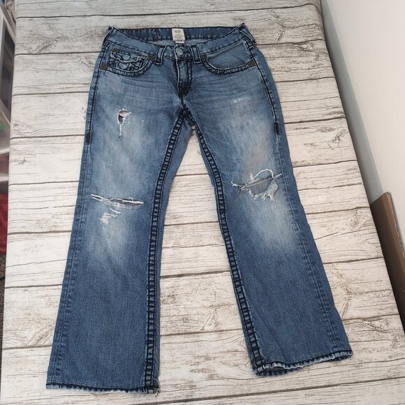 True Religion Distressed Flare Jeans Blue Denim Raw Hem – Women’s 32 - Picture 1 of 15